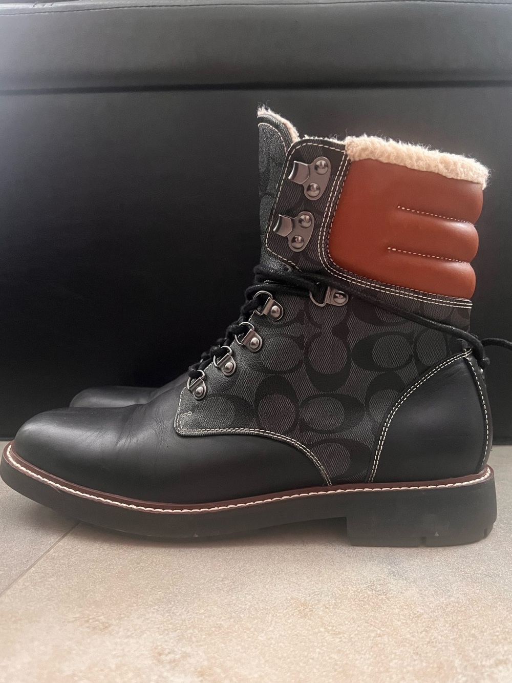 Coach Black Signature Leather and Brown Shearling-Trim Lace-Up Boots